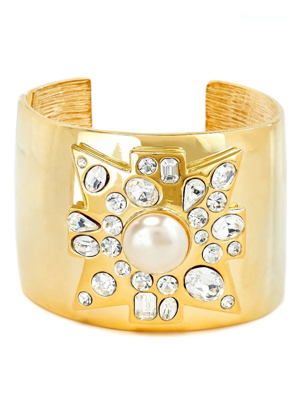 KENNETH JAY LANE-GOLD CUFF WITH CRYSTAL AND PEARL CENTER